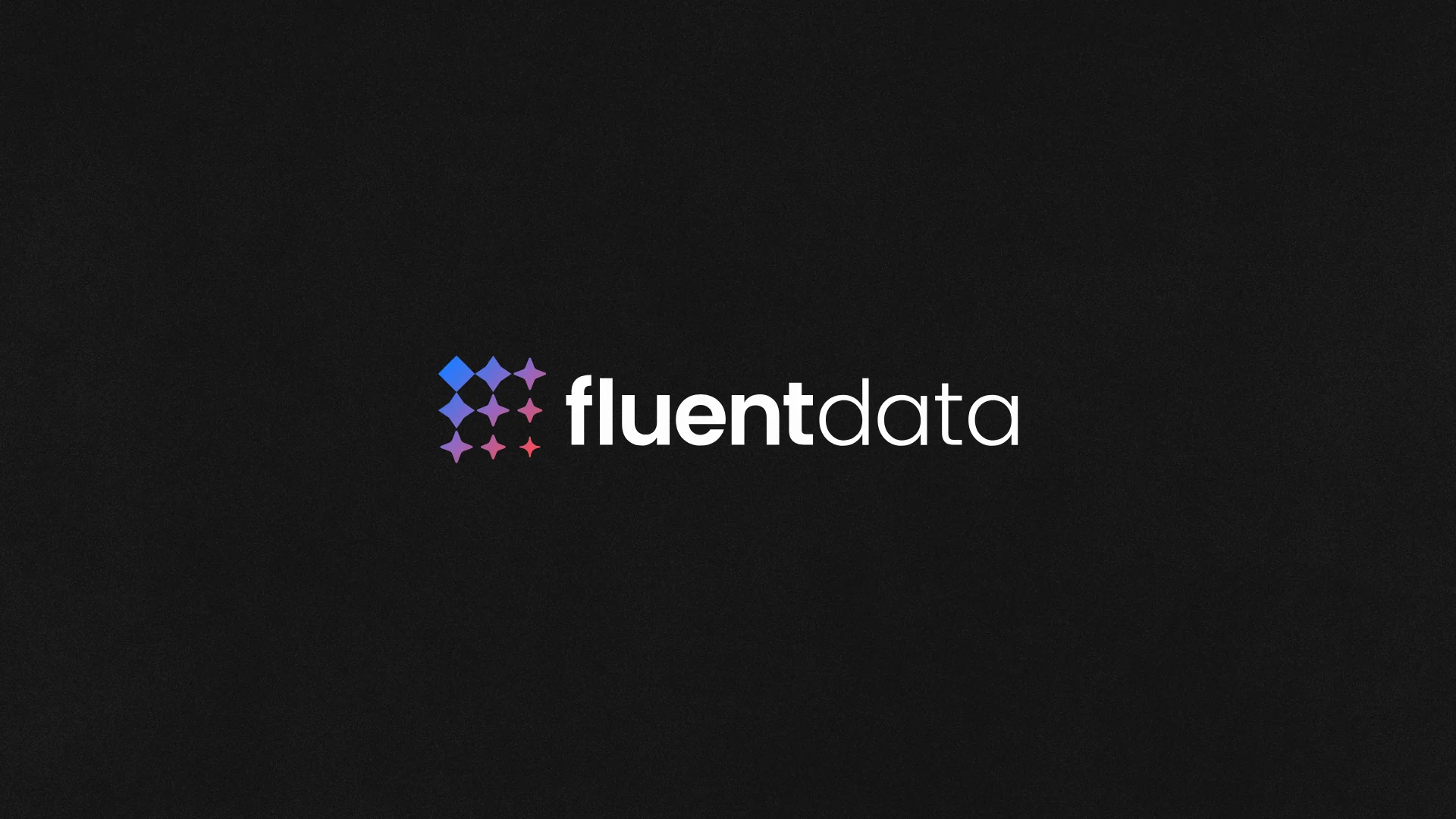 The new FluentData logo on black: a grid of nine shapes that change from a cube into four-pointed GenAI stars, shading from blue to red, beside the fluentdata wordmark.